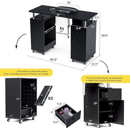 HolaiNail Manicure Table, Nail Desk Nail Tech Table with Dust Collector, Arm Rest, Wheels, Drawer & Cabinet, Beauty Salon Station, Black thumbnail 3