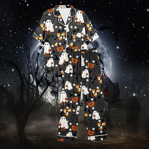 LVOFTJU Halloween Pajamas Women Fall Cute Satin Ghost Pumpkin Print Short Sleeve Button Top and Pants Matching Sleepwear thumbnail 5