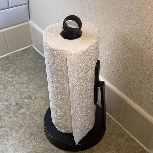 theaoo Heavy-Duty Stainless Steel Paper Towel Holder with Tension Arm – Easy One-Handed Tear, Modern Standing Countertop Dispenser for Kitchen, Holds All Paper Towel Rolls (1, Black) thumbnail 2
