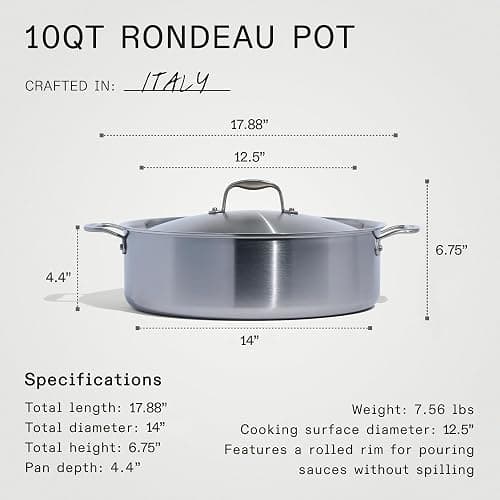 Made In Cookware - 10 Quart Stainless Steel Rondeau Pot w/Lid - 5 Ply Stainless Clad - Professional Cookware - Crafted in Italy - Induction Compatible thumbnail 2