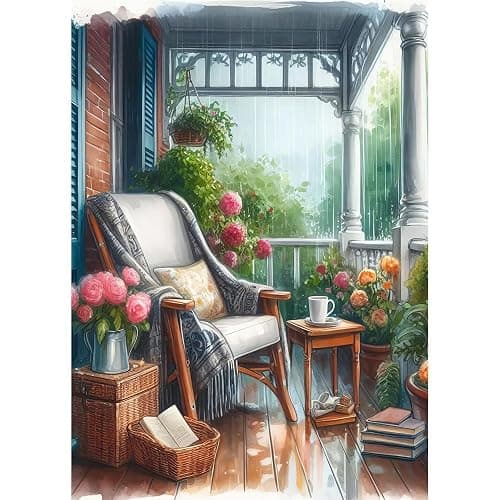 Cozy Rainy Porch Diamond Painting Kits for Adults - Diamond Art Kits for Beginner, DIY Full Drill Round Diamond Dots Paintings with Diamonds 5D Gem Art and Crafts Crystal Home Wall Decor 12x16inch - Image 1