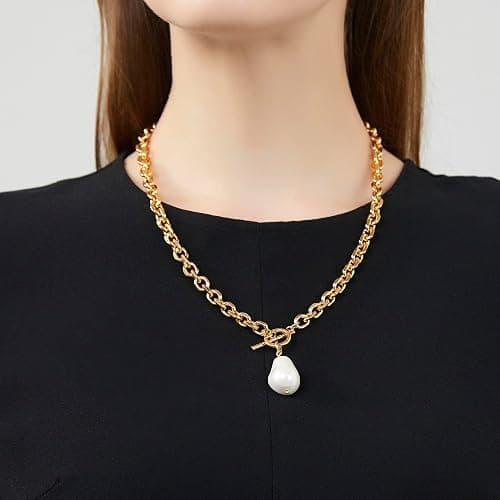 HUONGWIN Link Chain Toggle Clasp Baroque Pearl Necklace for Women 14k Gold Plated Charm Pendant Chunky Necklaces For Women Trendy thumbnail 3