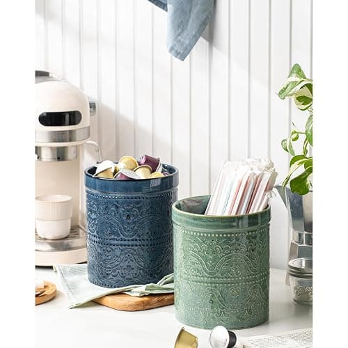 MIKIGEY Kitchen Utensil Holder, 7 Inches Large Ceramic Utensil Holder for Countertop, Lace Emboss Cooking Utensil Crocks for Kitchen, Home Decor, Reactive Blue thumbnail 3