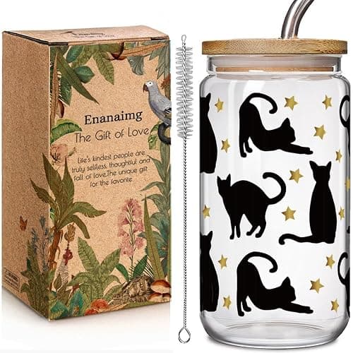 Enanaimg Black Cat 16oz Glass Cup With Lids and Straw Christmas Gifts for Cat Lovers Women Girls, Crazy Cats Lady Cup Gift for Friend Mom Mothers Day Bestie, Graduation Gifts for Friends - Image 1