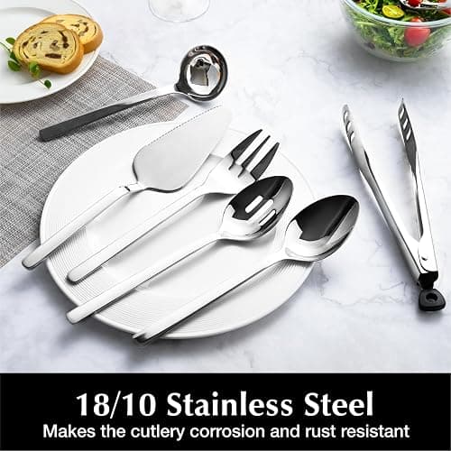 KINGSTONE Large Hostess Serving Utensils Set, 18/10 Stainless Steel Heavy Duty 10-inch Serving Utensils, Slotted Spoons, Forks, Tongs, Cake Pie Server for Buffet, Wedding, Party thumbnail 4