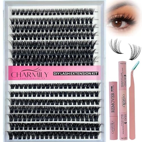 Charmily DIY Lash Clusters Kit – 280pcs Volume Lashes clusters, D Curl Soft Wispy Lash extension kit 40D+50D Mix 9-16mm Eyelash Cluter Glue Bond Seal & Remover and tweezers, Easy At-Home Application - Image 1