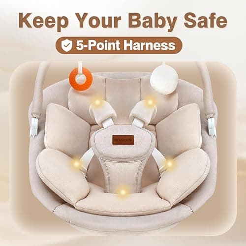 Baby Swing, Electric Infant Swing with Remote Control, 5 Speed Adjustable, Machine Washable Cushion, 5 Point Safety Harness, Bluetooth Music, Portable Baby Swing (Beige) thumbnail 6