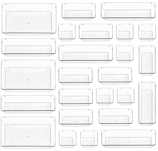 Stackzy Drawer Organiser Set – Makeup Organiser Tray for Drawers – Clear Cosmetics Container Tray for Bedroom – Utensil Cutlery Set Divider – Kitchen Storage & Organisation – 25pack - Image 1