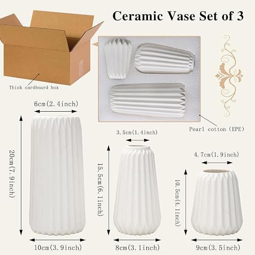 Sawoake Keramik Vasen Set von 3 - Weiße Matte Vasen für Pampasgras, Trockenblumen & Home Decor, Modernes Boho und Skandinavisches Design mit Natürlicher Textur（Wohnzimmer, Esszimmer, Hochzeitstisch） thumbnail 2