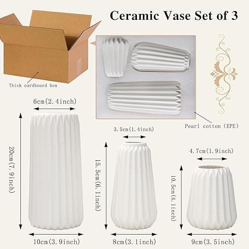 Sawoake Keramik Vasen Set von 3 - Weiße Matte Vasen für Pampasgras, Trockenblumen & Home Decor, Modernes Boho und Skandinavisches Design mit Natürlicher Textur（Wohnzimmer, Esszimmer, Hochzeitstisch） thumbnail 3
