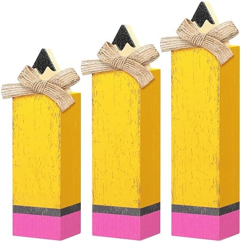 Yuntau 3 Pcs Back to School Tabletop Decoration, Wooden Pencil Block Signs | Rustic First Day of School Decor, Classroom Decorations for Teacher Desk, Table Centerpieces, Tiered Tray, Appreciation Gift - Image 1