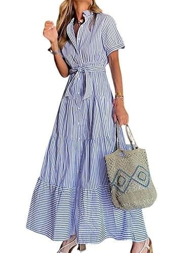 utcoco Womens Casual Short Sleeve Button Down Tie Waist Ruffled Striped Maxi Shirt Dress - Image 1