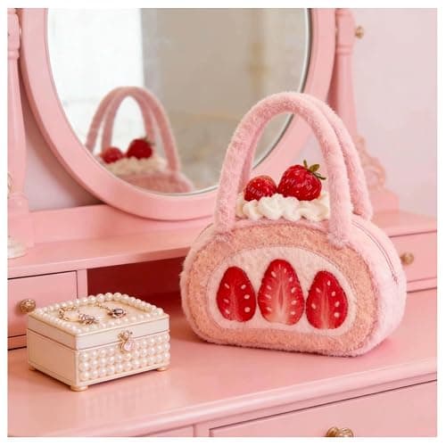 HappyERA Plush Strawberry Swiss Roll Shaped Clutch Handbag Cute Women Small Purse Cell Phone Tote Bag thumbnail 5