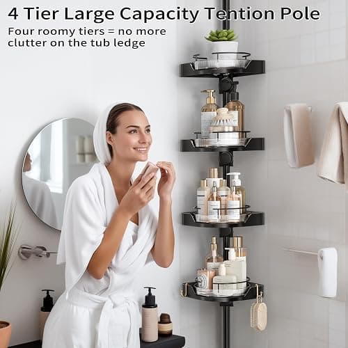shuang qing 360° Rotating Corner Shower Caddy Tension Pole Organizer - 4-Tier Adjustable Rustproof Metal Pole, Plastic Shelves with Safety Guardrail, Bathroom Storage for Shower & Bathtub(Black) thumbnail 6