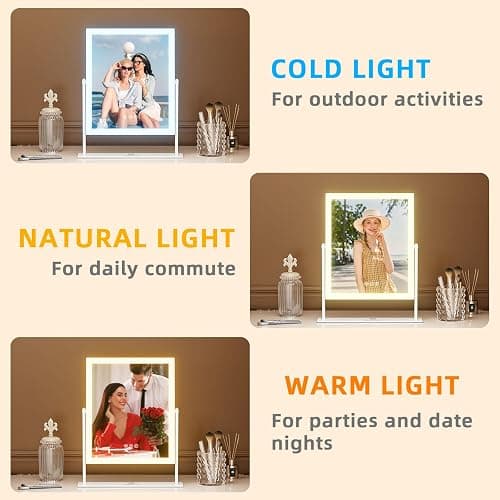 FENCHILIN Vanity Mirror with Lights 11.8" x 9.8",Lighted Makeup Mirror and Hollywood Mirror with Smart Touch Control 3 Colors Dimmable LED Light, 360°Rotation 10X Magnification(White) thumbnail 3