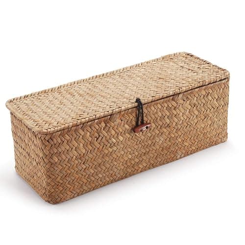 Seagrass Storage Basket with Lid Rectangular Small Woven Shelf Baskets with Sections for Organize Snack Toys Tampon thumbnail 3