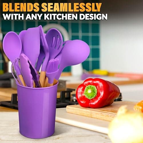 12 Pcs Purple Kitchen Accessories Set with Holder, Silicone Heads | Purple Kitchen Utensils Set for Cooking and Baking; Wooden Handles; Heat-Resistant up to 446°F; Non-Scratch for Nonstick Pans thumbnail 8