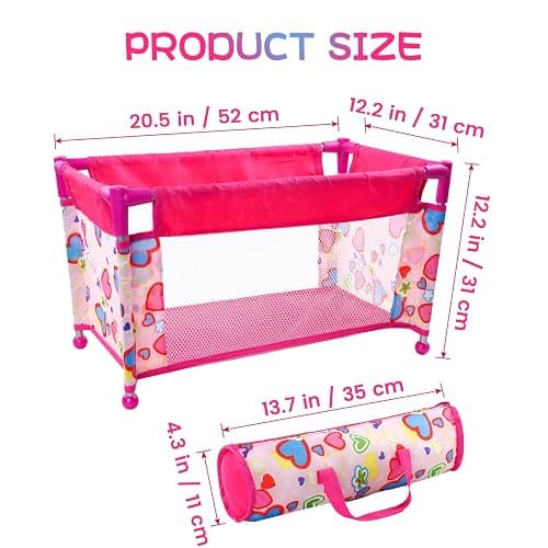 BABESIDE Baby Doll Crib for 18 Inch Dolls, Baby Doll Bed with Cute Pink Heart Storage Bag Accessories, Toy Crib Doll Furniture Gift for Girls Age 3+ thumbnail 2
