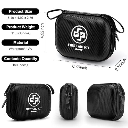 Mini First Aid Kit - 150 Piece Small Waterproof Hard Shell Medical Kit for Home, Car, Travel, Camping, Truck, Hiking, Sports, Office, Vehicle & Outdoor Emergencies (Black) thumbnail 2