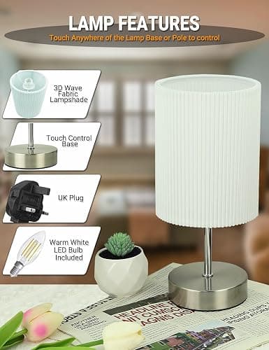 HSLighting Bedside Lamps, Touch Control Table Lamp 3-Way Dimmable Small Lamp with 3D Pleats Fabric Shade LED Minimalist Nightstand Warm White for Christmas Xmas Bedroom Living Room Gift Decor thumbnail 9