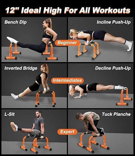 Push Up Bar, 12 Inch High Non-Slip Parallettes Bars & Dip Bars With Foam Handles, Heavy-Duty No Wobbling Calisthenics Equipment For Handstand, L-Sit, Gymnastics, Strength Training Home Gym Use thumbnail 5