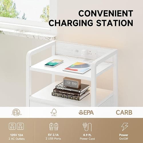 Lazzanto Nightstand with Rear Charging Station, LED Light, 2 Drawers, White | Industrial Nightstand, 2 USB-A Ports & AC Outlets, Raised Back Guard, Fabric Storage Drawers, Bedside Table for Bedroom, Dorm thumbnail 5