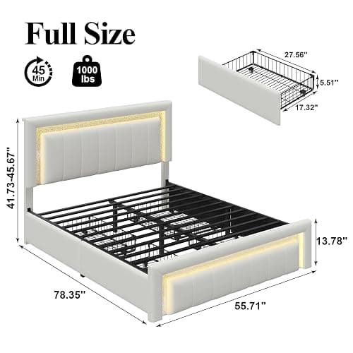 Full Bed Frame with Charging Station, Storage Drawers, Upholstered White | Platform Bed with LED Lights, PU Leather, Adjustable Headboard, Heavy Duty Metal Slats, No Box Spring Needed, Noise-Free thumbnail 2