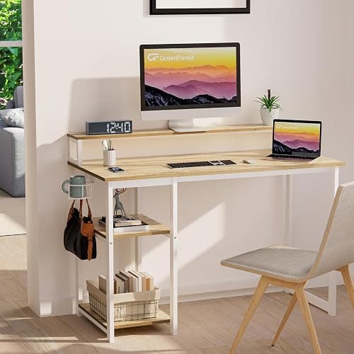 GreenForest Computer Desk with Full Monitor Stand,100 cm Home Office Desk with Reversible Storage Shelves,Small Study Desk with Headphone Hook and Cup Holder,Oak thumbnail 2