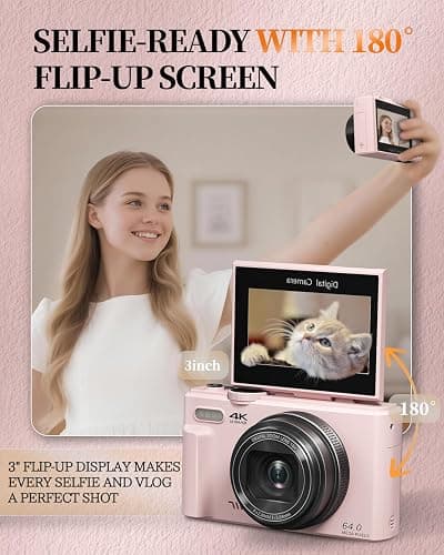 ULPTXOO 4K Digital Camera for Beginners & Teens, Compact Vlogging Camera with 180° Flip Screen, Autofocus, Easy-to-Use for Travel & YouTube, 18X Zoom, WiFi, 2 Batteries, 32GB Card thumbnail 5
