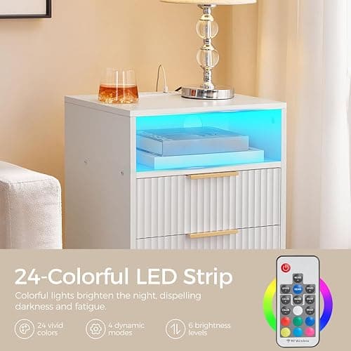 MAHANCRIS End Table, Fluted Nightstand with Charging Station and LED Lights, Modern Side Table with 2 Drawers and 1 Open Compartment, for Living Room, Bedroom, Study, Office, White ETWT63E01 thumbnail 5
