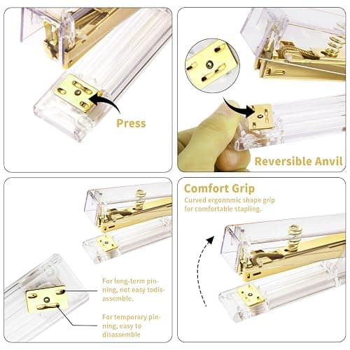 Gold Desk Accessories, Office Supplies Set with Acrylic Stapler, Tape Dispenser, Staple Remover, Pen Holder, Scissor, Binder Paper Clips, 1 Ballpoint Pen, 1 Clear Tape and 1000pcs Staples thumbnail 5