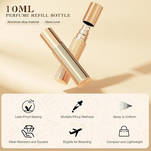 kuangre 10ml Perfume Atomizer Travel Refillable, Glass liner filled perfume bottle, Mini Cologne Dispenser, Portable Sprayer Pocket Size for Women Men Cruise Car Trip Gift 0.34oz (Gold) thumbnail 5