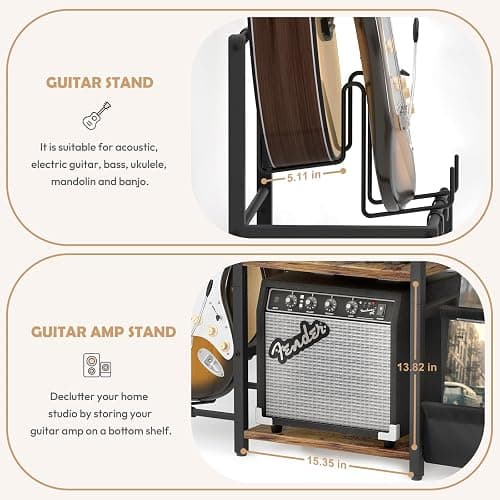 Bikoney Record Player Stand, Guitar Stand for Acoustic, Electric Guitar, Bass with Amp Stand, 3-Tier Vinyl Record Storage Up to 200 Albums, Record Player Table for Record Player, Speaker, Amplifier thumbnail 6