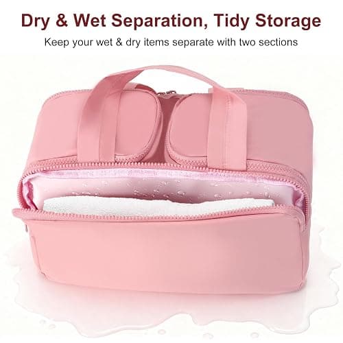 XWFB Travel Toiletry Bag Duffel - Water Resistant, Wide-open Large Lightweight Makeup Bag for Women with Handle & Wet Pocket, Puffy Organizer for Toiletries,Dark Pink thumbnail 3