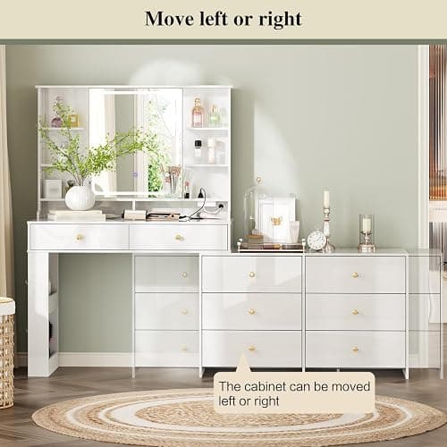 Ieejdn Makeup Vanity Desk with Mirror and Lights, Vanity Desk with 8 Drawers & Storage Shelves, Vanity Table with Power Outlet, 3 Color Modes & Adjustable Brightness Dressing Table, Bedroom,White thumbnail 5