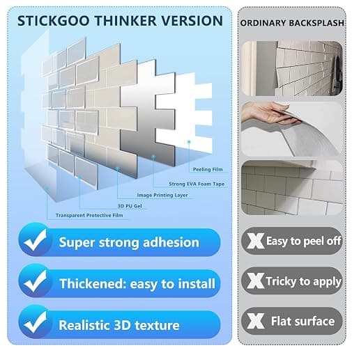 STICKGOO Peel and Stick Backsplash Subway Tiles, 10 Sheets of 12" x 12" - 3D Adhesive Peel and Stick Tile Backsplash for Kitchen, Bathroom, Wall Tile (Thicker Design, Light Gray Beige) thumbnail 3