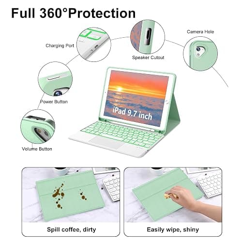 for iPad Keyboard case 9.7 inch, iPad 6th Gen (2018), iPad 5th Gen (2017), iPad Air 2 (2014), Multi-Touch Trackpad, Detachable Backlit Folio Keyboard Slim Cover with Pencil Holder，Green thumbnail 4