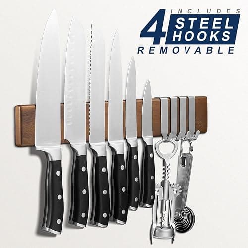 ENOKING 16 Inch Strong Magnetic Knife Holder for Wall, Solid Acacia Wood Knife Bar with 4 Hooks, 3-Way Installation: No-Drill Wall Mount, Screw Mount, & Refrigerator Slip-Proof Magnet Strip thumbnail 2