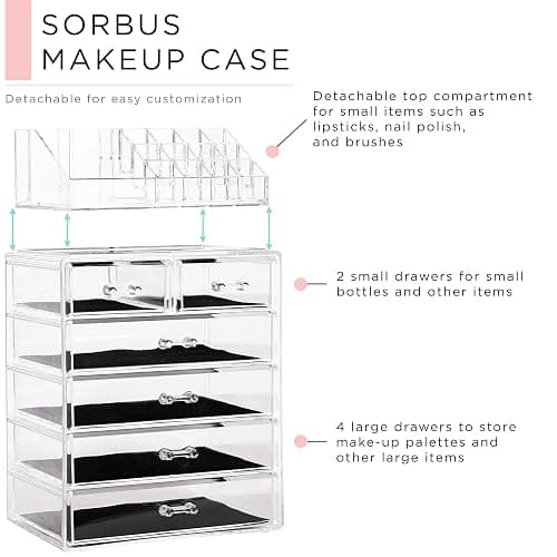 Sorbus Acrylic Makeup Organizer Set, 6-Drawer Vanity & Countertop Cosmetic Storage with Small & Wide Compartments, Clear Makeup Storage for Brushes, Jewelry – Holiday Gift for Women & Teens thumbnail 4
