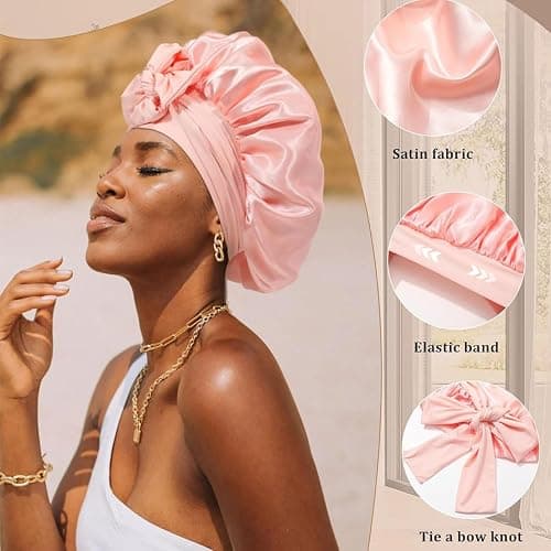 GUGUGO Seidenhaube zum Schlafen, Silk Bonnet, Verstellbare Seidenhaube, Schlafhaube Seide, Schlafmütze Damen, Satin Haube Schlafen, Silk Sleeping Cap, Seidenhaube zum Schlafen Locken, Sakura Rosa thumbnail 4