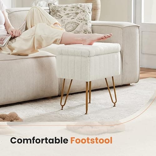 Sweetcrispy Vanity Stool Chair with Storage, Ottoman Faux Fur Soft Padded Makeup Footstools Seat with 4 Metal Legs Anti-Slip Adjustable Feet Modern Cute Small Footrest for Home Entryway Bedroom White thumbnail 6