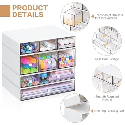 FODIENS Desk Storage Organizer with 9 Drawers, 4 Tiers Stackable Desktop Craft Storage Drawers, Clear Storage Box Caddy for Stationary Makeup Jewelry Office Craft Supplies (White) thumbnail 4