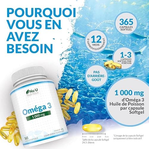 Omega 3 Fish Oil 1000 mg - Huile de Poisson - 365 Gélules - Cure d'1 An - Riche en EPA 540mg et DHA 360mg - Compléments alimentaires de Nu U Nutrition thumbnail 5