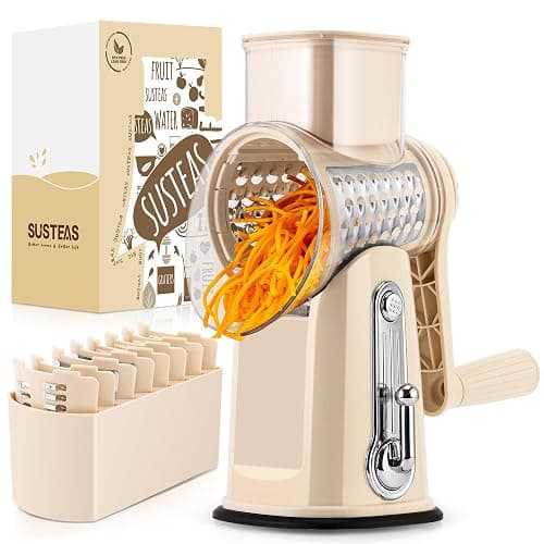 SUSTEAS Rotary Cheese Grater with Handle - Vegetable Shredder with 5 Well-designed Blades & Strong Suction Base,Round Mandoline Slicer & Food Chopper for Kitchen,with Blade Storage Box(Beige) - Image 1