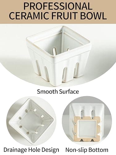 Gomakren Ceramic Berry Basket Set of 2, Square Fruit Bowl with Holes, Small Fruit Basket Containers for Kitchen Counter, Berries, Strawberry, Grape, Cherry, White thumbnail 6