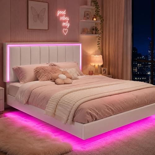 IMMERSTABLE Full Size Floating Bed Frame with LED Lights, Upholstered Platform Bed with Headboard, 11 in Storage Clearance, Solid Wood Slats, No Box Spring Needed, Easy Assembly, White - Image 1