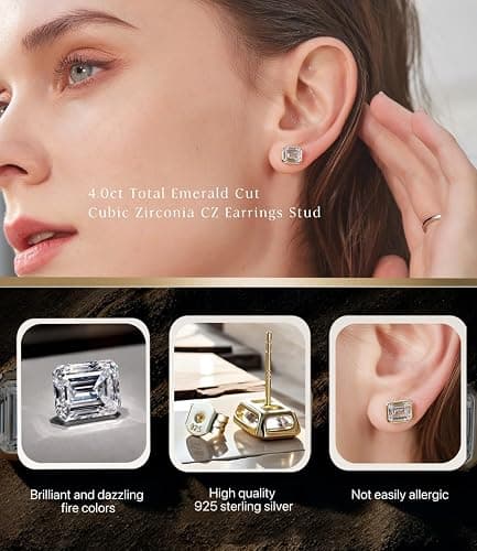 Raneecoco 4.0ct Total Emerald Cut Cubic Zirconia CZ Earrings Stud / 18K Gold Plated Sterling Silver thumbnail 4