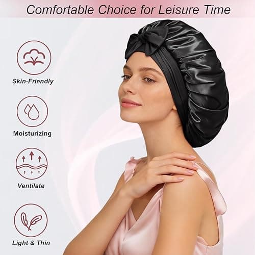 Silk Bonnet for Women, Satin Bonnet for Sleeping, Large Sleep Cap with Elastic Tie Band for Curly Hair thumbnail 4