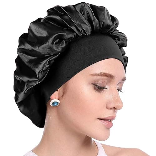 XRACEPHOL 2PCS Silk Bonnet for Sleeping Satin Bonnet Breathable Bonnets for Black Women Satin Hair Cap for Sleeping Wide Elastic Band Sleep Cap Hair Bonnet for Sleeping（Black+Pink） thumbnail 3