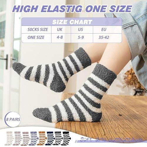 KIKAWORD Cozy Soft Fluffy Slipper Socks for Men and Women,8 Pairs Plush Slipper Sock,Winter Sleeping Warm Sock,Cozy Fuzzy Sleep Bed Thermal Stripe Soft Warm Socks thumbnail 6